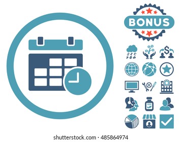 Date and Time icon with bonus images. Vector illustration style is flat iconic bicolor symbols, cyan and blue colors, white background.