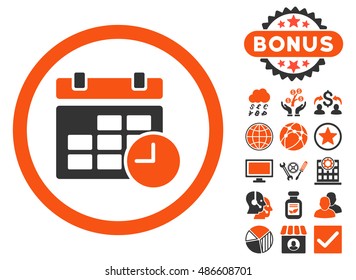 Date and Time icon with bonus images. Vector illustration style is flat iconic bicolor symbols, orange and gray colors, white background.