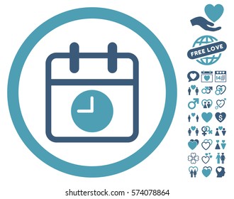 Date And Time icon with bonus love pictograms. Vector illustration style is flat rounded iconic cyan and blue symbols on white background.