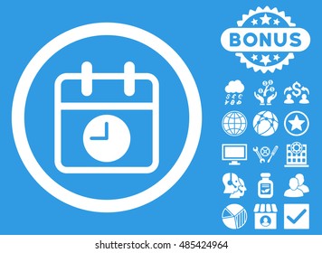 Date and Time icon with bonus pictogram. Vector illustration style is flat iconic symbols, white color, blue background.