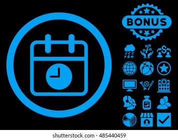 Date and Time icon with bonus pictogram. Vector illustration style is flat iconic symbols, blue color, black background.