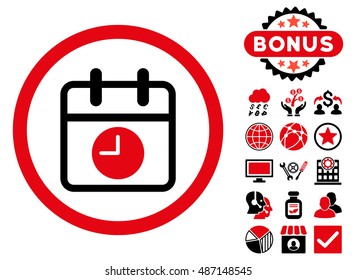Date and Time icon with bonus pictogram. Vector illustration style is flat iconic bicolor symbols, intensive red and black colors, white background.