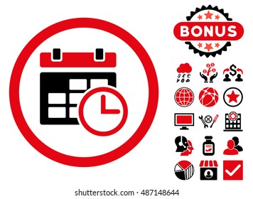Date and Time icon with bonus pictogram. Vector illustration style is flat iconic bicolor symbols, intensive red and black colors, white background.