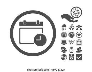 Date and Time icon with bonus pictogram. Vector illustration style is flat iconic symbols, gray color, white background.