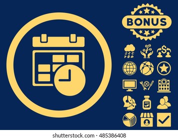 Date and Time icon with bonus pictures. Vector illustration style is flat iconic symbols, yellow color, blue background.