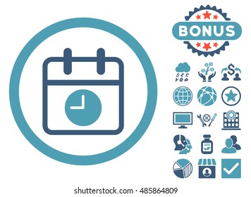 Date and Time icon with bonus pictures. Vector illustration style is flat iconic bicolor symbols, cyan and blue colors, white background.