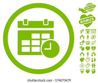 Date And Time icon with bonus romantic clip art. Vector illustration style is flat rounded iconic eco green symbols on white background.