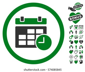 Date And Time icon with bonus romantic pictograms. Vector illustration style is flat rounded iconic green and gray symbols on white background.