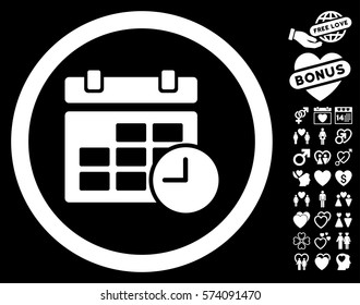 Date And Time icon with bonus romantic images. Vector illustration style is flat rounded iconic white symbols on black background.