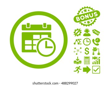 Date and Time icon with bonus icon set. Vector illustration style is flat iconic symbols, eco green color, white background.