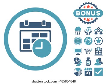 Date and Time icon with bonus symbols. Vector illustration style is flat iconic bicolor symbols, cyan and blue colors, white background.