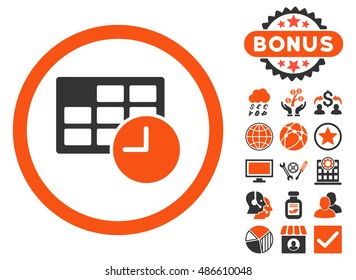 Date and Time icon with bonus symbols. Vector illustration style is flat iconic bicolor symbols, orange and gray colors, white background.