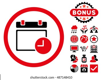 Date and Time icon with bonus symbols. Vector illustration style is flat iconic bicolor symbols, intensive red and black colors, white background.