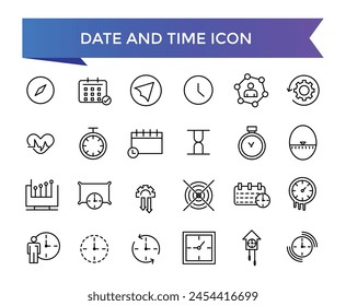 Date and Time icon collection. Watch, Timer, Date, Current time and Calendar vector linear icon set. Timer, alarm, schedule, hourglass, clock icons.