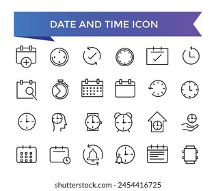 Date and Time icon collection. Watch, Timer, Date, Current time and Calendar vector linear icon set. Timer, alarm, schedule, hourglass, clock icons.