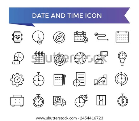 Date and Time icon collection. Watch, Timer, Date, Current time and Calendar vector linear icon set. Timer, alarm, schedule, hourglass, clock icons.