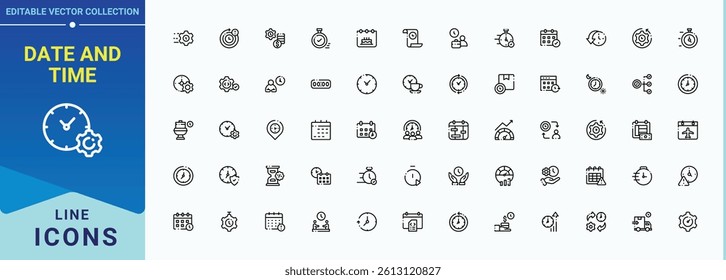 Date And Time icon set. Contains related to clock, time management, date, schedule, time and more. Collection for mobile and web apps. Day icon collection. Editable stroke collections.