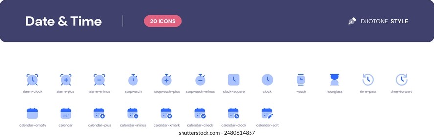 Conjunto de iconos de fecha y hora. Iconos esenciales de la interfaz de usuario establecidos en estilo duotono. El conjunto consta de iconos esenciales y de uso común que todo diseñador de interfaz de usuario necesita.