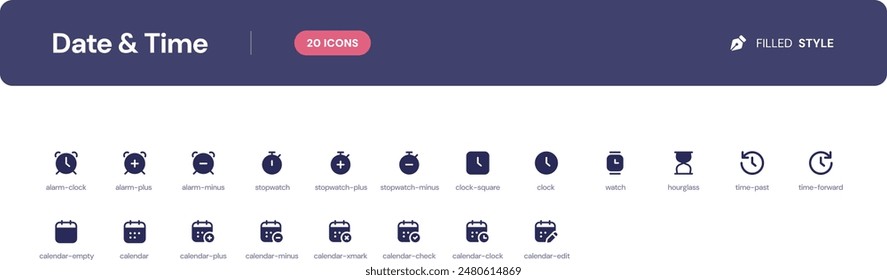 Date and Time icon set. Essential UI Icons Set in Filled Style. The set consists of essential and commonly-used icons that every UI designer needs.