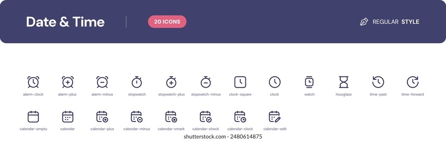 Date and Time icon set. Essential UI Icons Set in Line Style. The set consists of essential and commonly-used icons that every UI designer needs.