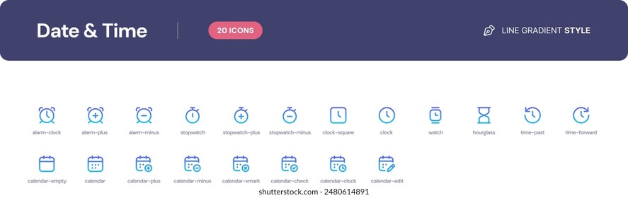 Date and Time icon set. Essential UI Icons Set in Line Gradient Style. The set consists of essential and commonly-used icons that every UI designer needs.