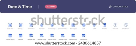 Date and Time icon set. Essential UI Icons Set in Duotone Style. The set consists of essential and commonly-used icons that every UI designer needs.