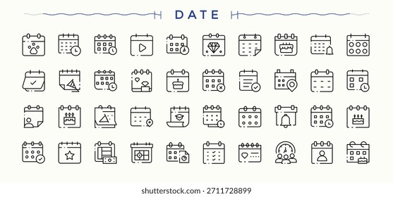 Ícone Data e Hora definido. Pictogramas de calendário, alarme, agenda, cronômetro, temporizador. Ilustração vetorial em estilo de linha moderno. Conjunto de ícones de cronômetro.