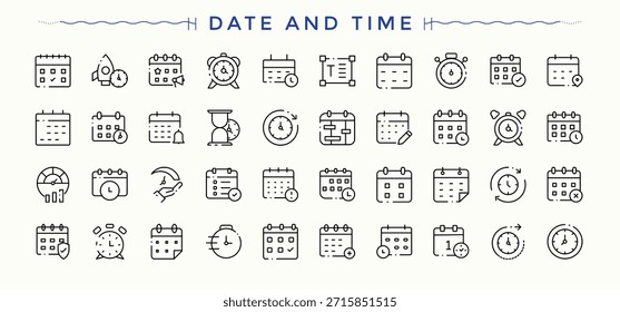 Date And Time icon set. Date related icon set. Outline icons in linear style. Included day, clock, calendar, date, time management and more. Editable vector. Pixel perfect.