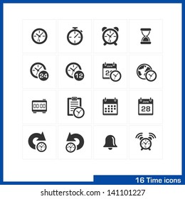 Date and time icons set. Vector black pictograms for business, management, web, internet, computer and mobile apps, interface design: clock, alarm, bell, calendar, reminder, organizer symbols