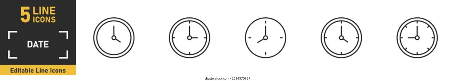 Date and time line icon set. Set of 5 outline icons related to clock, time, date and more. Vector illustration.