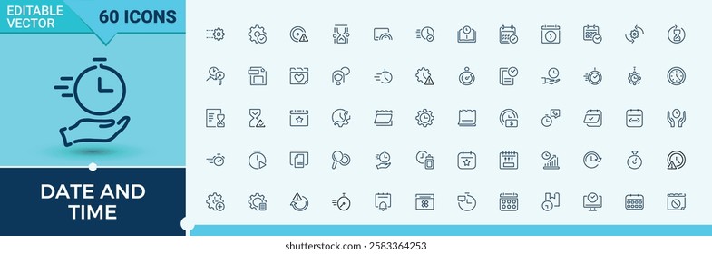 Date And Time line icons set. Contains related to hour, map, event, date, address, clock and more. Outline icon. Vector icons editable stroke.