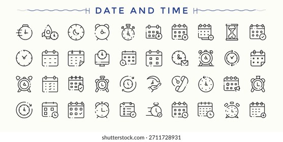 Colección de iconos lineales de fecha y hora. Iconos mínimos de moda del calendario. Colección de iconos vectoriales. Conjunto de iconos de calendario. Arte vectorial editable.