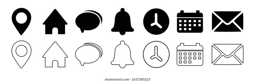 Date, time, location address, Email, notification icon. Clock, calendar, location pin, home, bell icon. Web icon set. Vector illustration. 