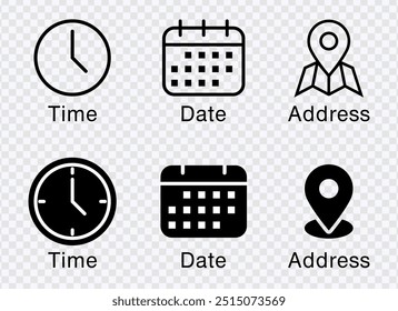 "Date, time, and location address icon set for streamlined event and info designs."