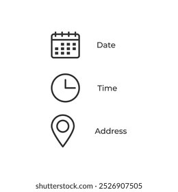 Date and time location address icon. Calendar, clock, location illustration symbol. Sign event data vector design.