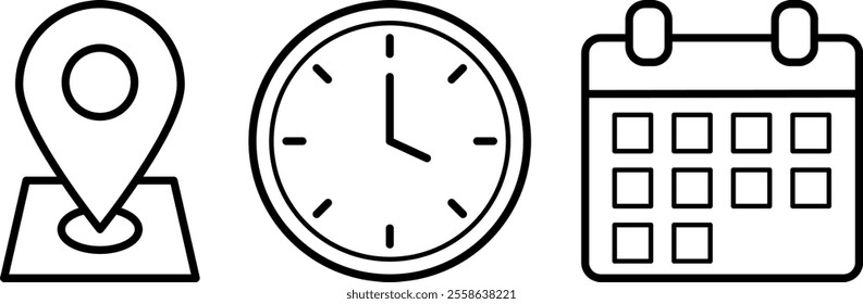 Date, time, location address icon set for event. Vector illustration