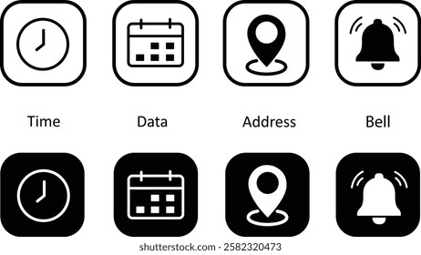 Date time and location address icon set for streamlined event and info white Black