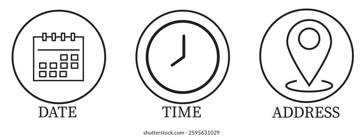 Date, Time, Location and Address icon set. Even elements vector design.