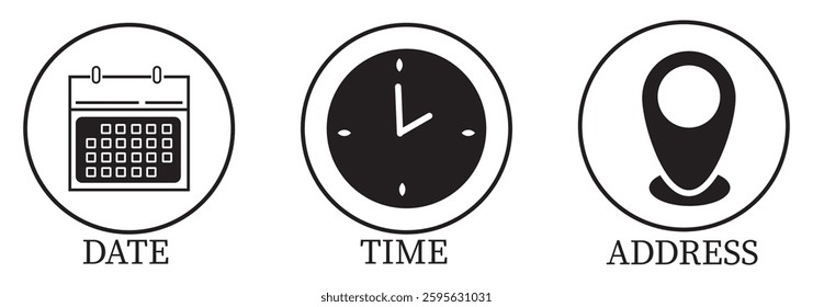 Date, Time, Location and Address icon set. Even elements vector design.