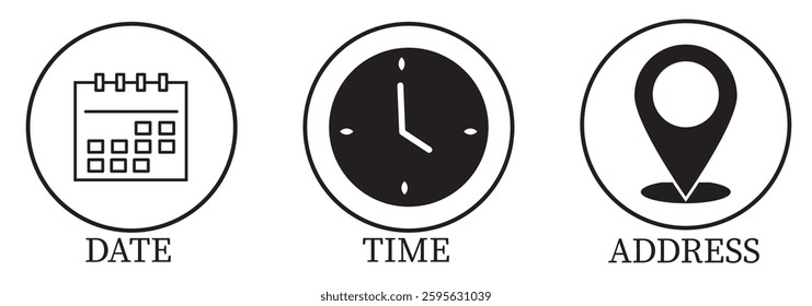 Date, Time, Location and Address icon set. Even elements vector design.