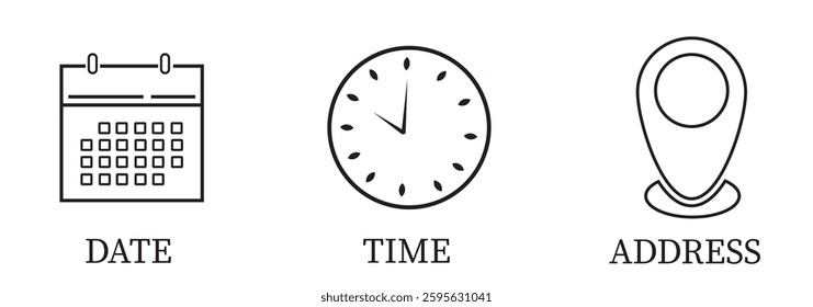 Date, Time, Location and Address icon set. Even elements vector design.
