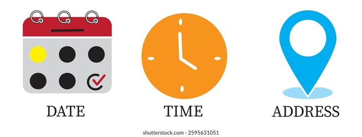 Date, Time, Location and Address icon set. Even elements vector design.