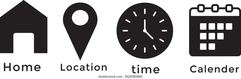 Date, time, location address icon set. Event elements isolated on transparent symbol background- Web icons set,
