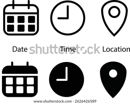 Date, time, location address icon set. Clock, calendar, location, reminder, adress symbols business sign stock illustration. stock illustration.eps