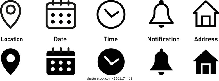 Date, time, location address, notification icon. Address location icon. Notification bell icon. Date Calendar icon - Web icons set
