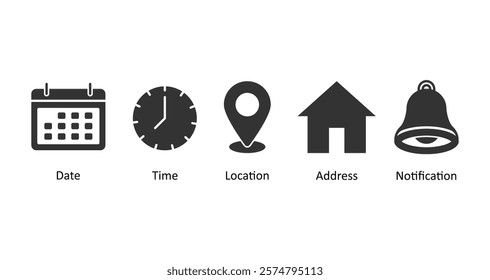 Date, time, location address, notification icon. Clock, calendar, location pin, home, bell icon. Web icon set. Vector illustration