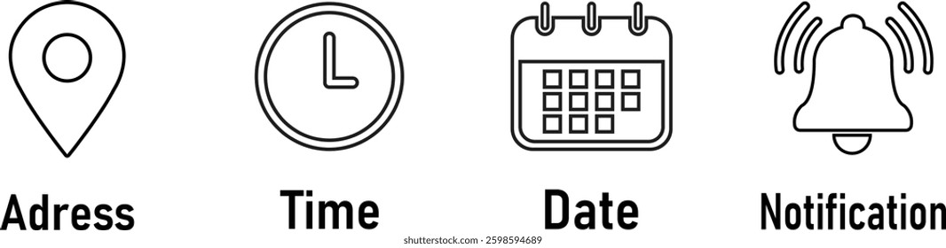 Date, time, location address and notification icon set. Calendar, clock, address location pointer, reminder and alarm bell symbols. Event icons vector, Sign business vector design. Vector illustration