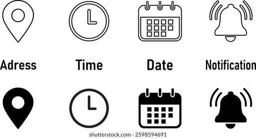 Date, time, location address and notification icon set. Calendar, clock, address location pointer, reminder and alarm bell symbols. Event icons vector, Sign business vector design. Vector illustration