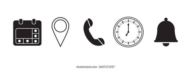 Date, time, location address and notification icon set. Calendar, clock, address location pointer, reminder and alarm bell symbols. Event icons vector, Sign business vector design. Vector illustration