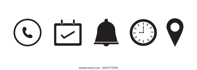 Date, time, location address and notification icon set. Calendar, clock, address location pointer, reminder and alarm bell symbols. Event icons vector, Sign business vector design. Vector illustration